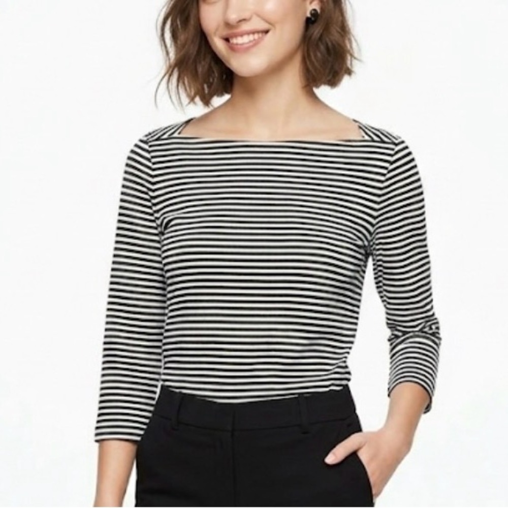 Kate Spade Saturday Striped Boat Neck Top 3/4 Sleeve Heavy Cotton Black White S‎